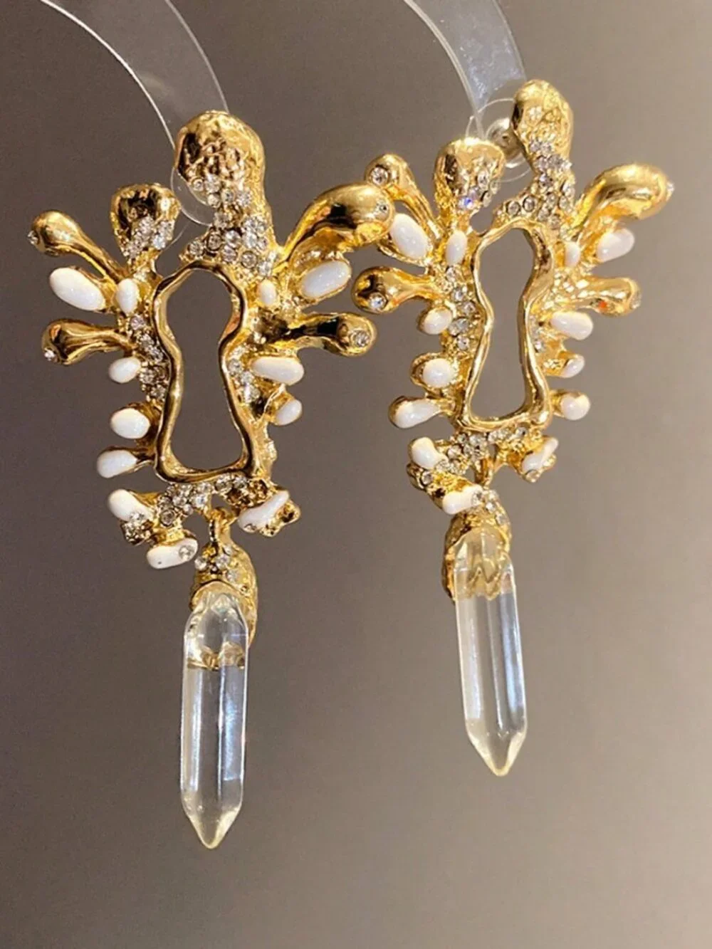 Gold Boho Women's Asymmetrical Key-Shaped Crystal Resin Long Stud Earrings